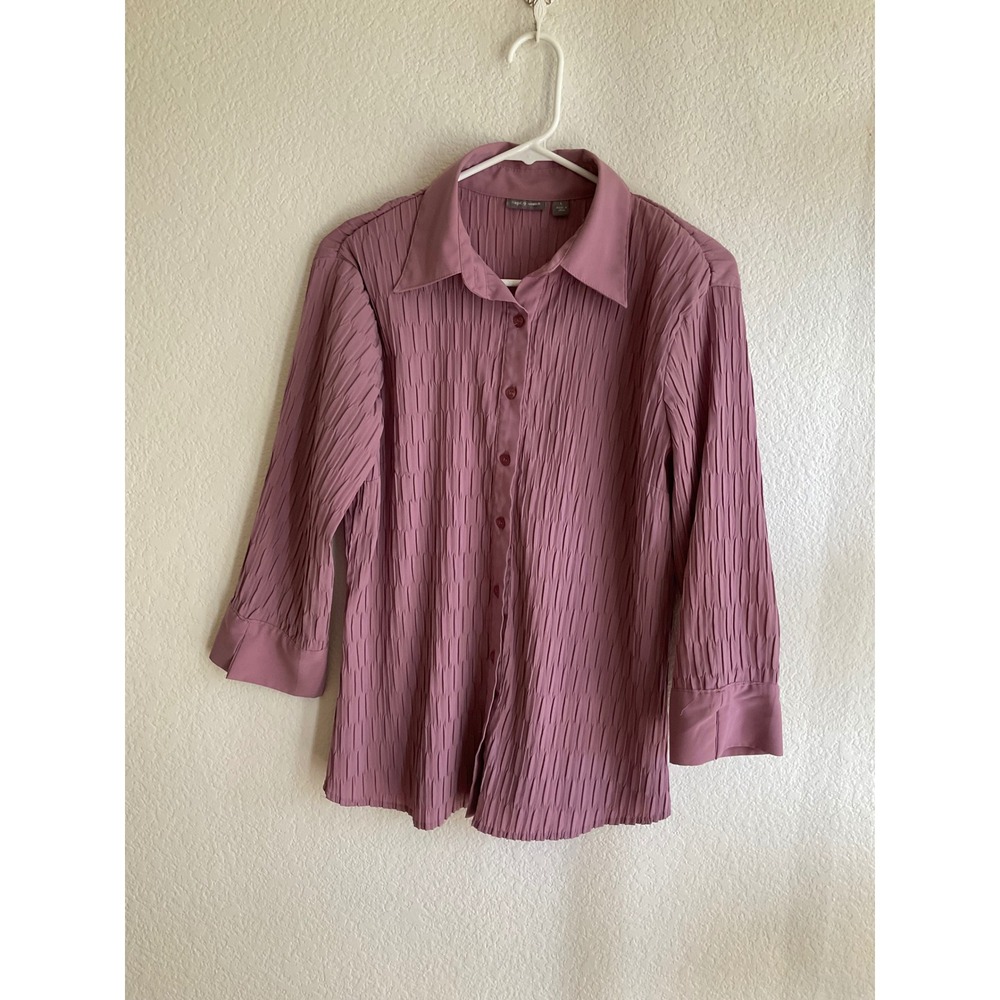 Apt. 9 Stretch Mauve Purple Crinkle Pleated Button Down Blouse 3/4 Sleeve Large - Picture 9 of 9